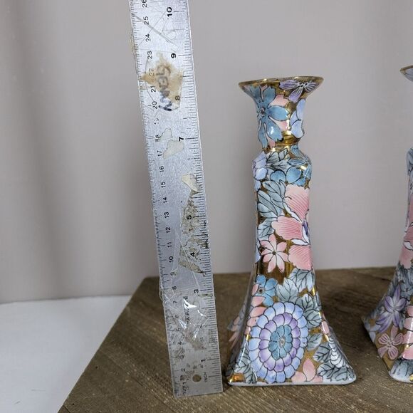 Vintage Toyo Japan Floral Candlestick Holders Pair 9" Tall Cloisonné Style Paste - Picture 9 of 9